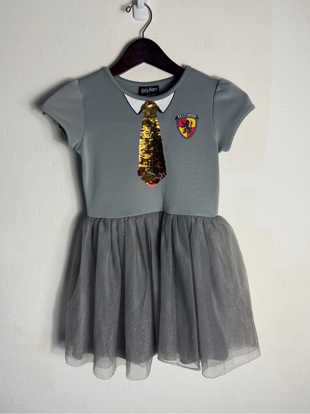 HARRY POTTER Girls Dress Gray Costume  Gryffindor/Slytherin Sequin tie  Medium
